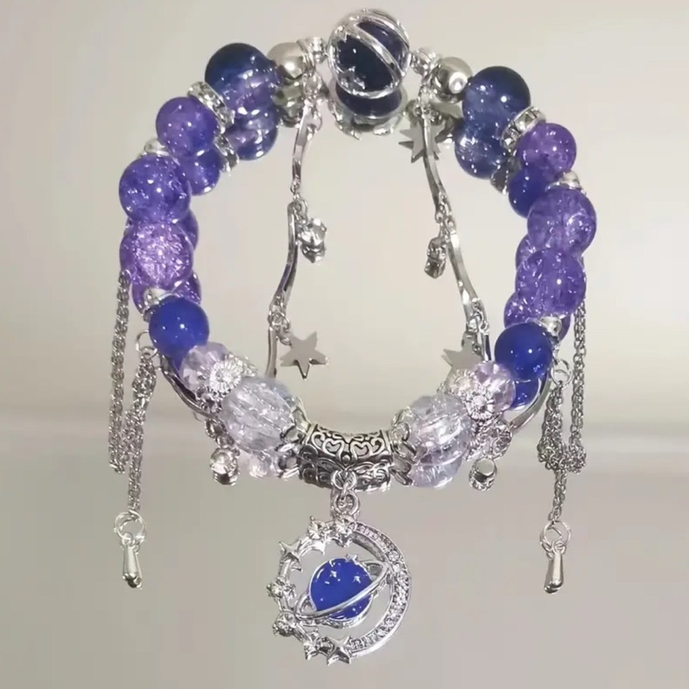 Elegant handcrafted Silver Purple and Blue Beaded Bracelet